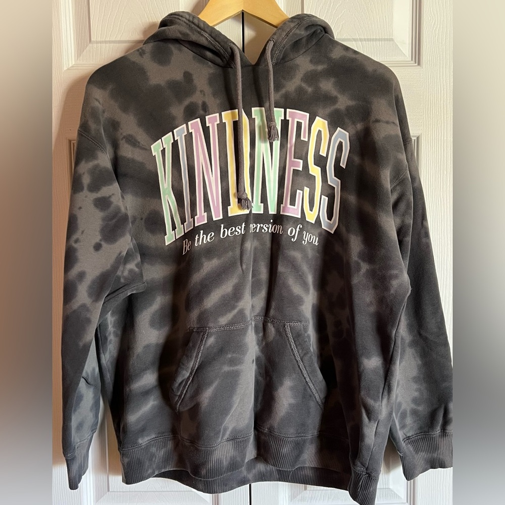 Hollister Black Tie-Dye 'KINDNESS' Hoodie with Pastel Lettering